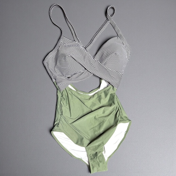 π Stripes & Olive Delight: Chic Eomenie Swimsuit - Medium πΏ NWT - Picture 3 of 10